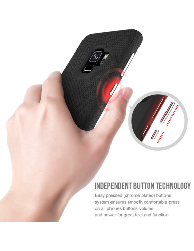 Samsung S9 Plus skal i mesh, monterat på telefon med fokus på knappar och textur