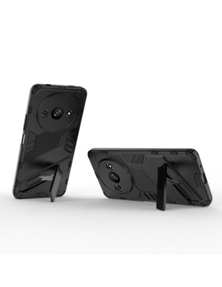 Svart stöttåligt skal för Redmi A3 med kickstand, sett från sidan med ställning utfälld