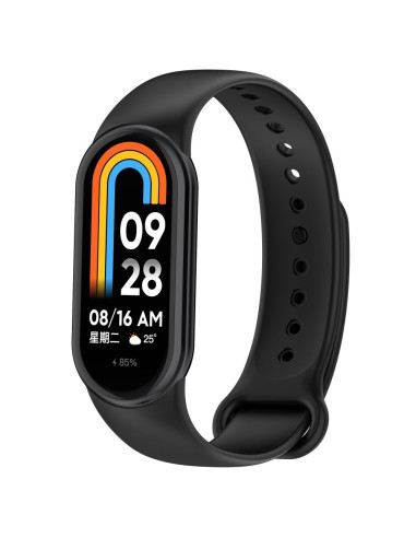 Xiaomi Mi Smart Band 8 med svart silikonarmband, tydlig skärm som visar tid och datum