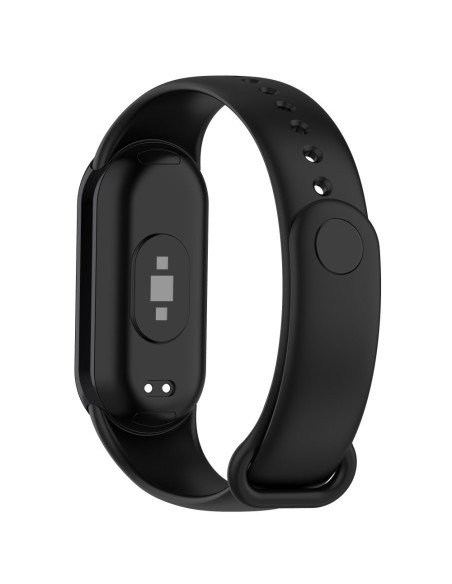 Xiaomi Mi Smart Band 8 med svart silikonarmband, sedd från sidan med knappar och sensorer