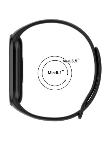 Svart silikonarmband för Xiaomi Mi Smart Band 8, visat ovanifrån med mått för handledsstorlek