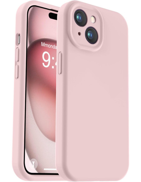 Rosa gummiskal för iPhone 14 med kameraskydd, visat framifrån och från sidan