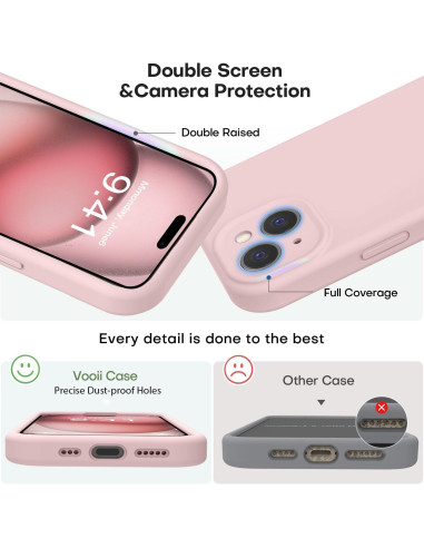 Detaljvy av rosa gummiskal för iPhone 14 med kameraskydd, visar skyddade portar och upphöjd kant