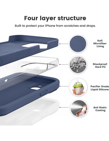 Närbild av iPhone 12 marinblå gummiskal med fyra lager av skyddande material