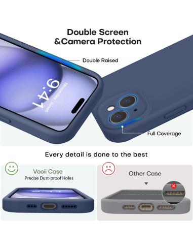Detaljvy av marinblått gummiskal för iPhone 12 med fokus på kameraskydd och knappar