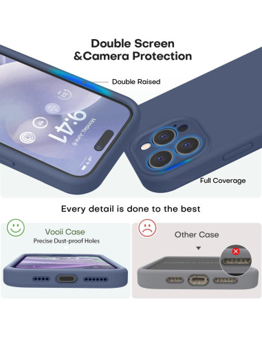 Detaljvy av marinblått gummiskal för iPhone 12 Pro med fokus på kameraskydd och upphöjda kanter