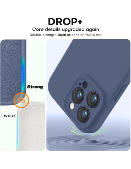 Närbild av marinblått gummiskal för iPhone 12 Pro som visar kameraskydd och materialets flexibilitet